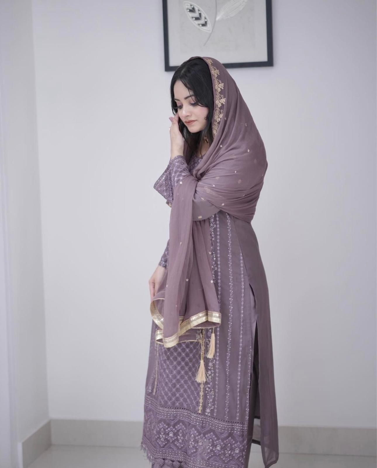 Designer Wear Georgette Embroidery Work Lavender Color Kurti Pant With Dupatta