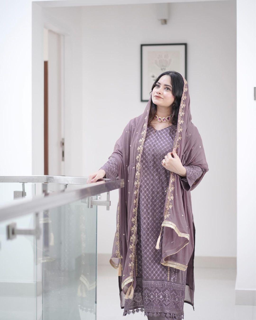 Designer Wear Georgette Embroidery Work Lavender Color Kurti Pant With Dupatta