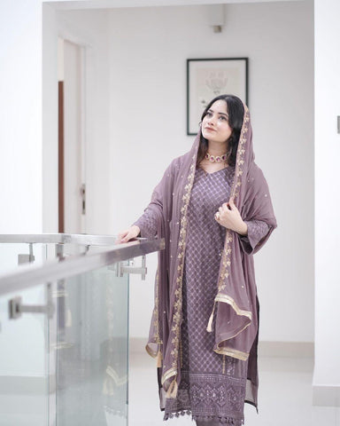 Designer Wear Georgette Embroidery Work Lavender Color Kurti Pant With Dupatta