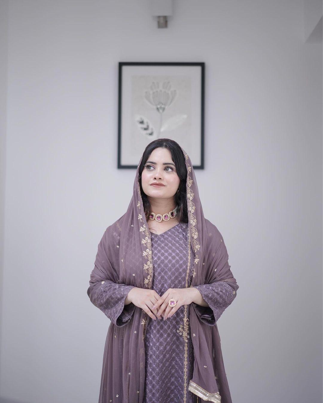 Designer Wear Georgette Embroidery Work Lavender Color Kurti Pant With Dupatta