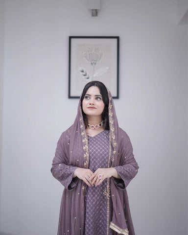Designer Wear Georgette Embroidery Work Lavender Color Kurti Pant With Dupatta