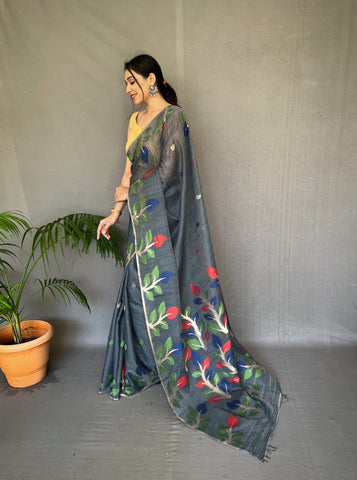 Beautiful Black Color Printed Linen Saree With Meenakari Work