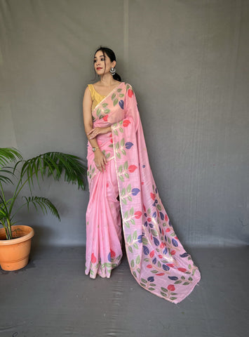 Beautiful Pink Color Printed Linen Saree With Meenakari Work