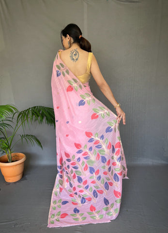 Beautiful Pink Color Printed Linen Saree With Meenakari Work