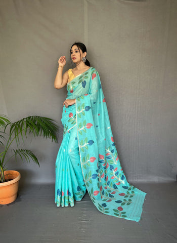 Beautiful Aqua Blue Color Printed Linen Saree With Meenakari Work