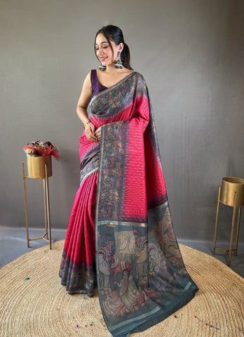 Traditional Digital Print Pink Color Chanderi Silk Saree