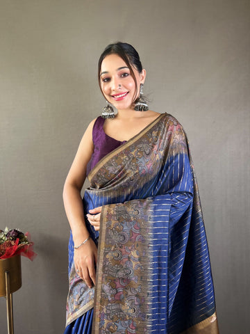 Traditional Digital Print Navy Blue Color Chanderi Silk Saree