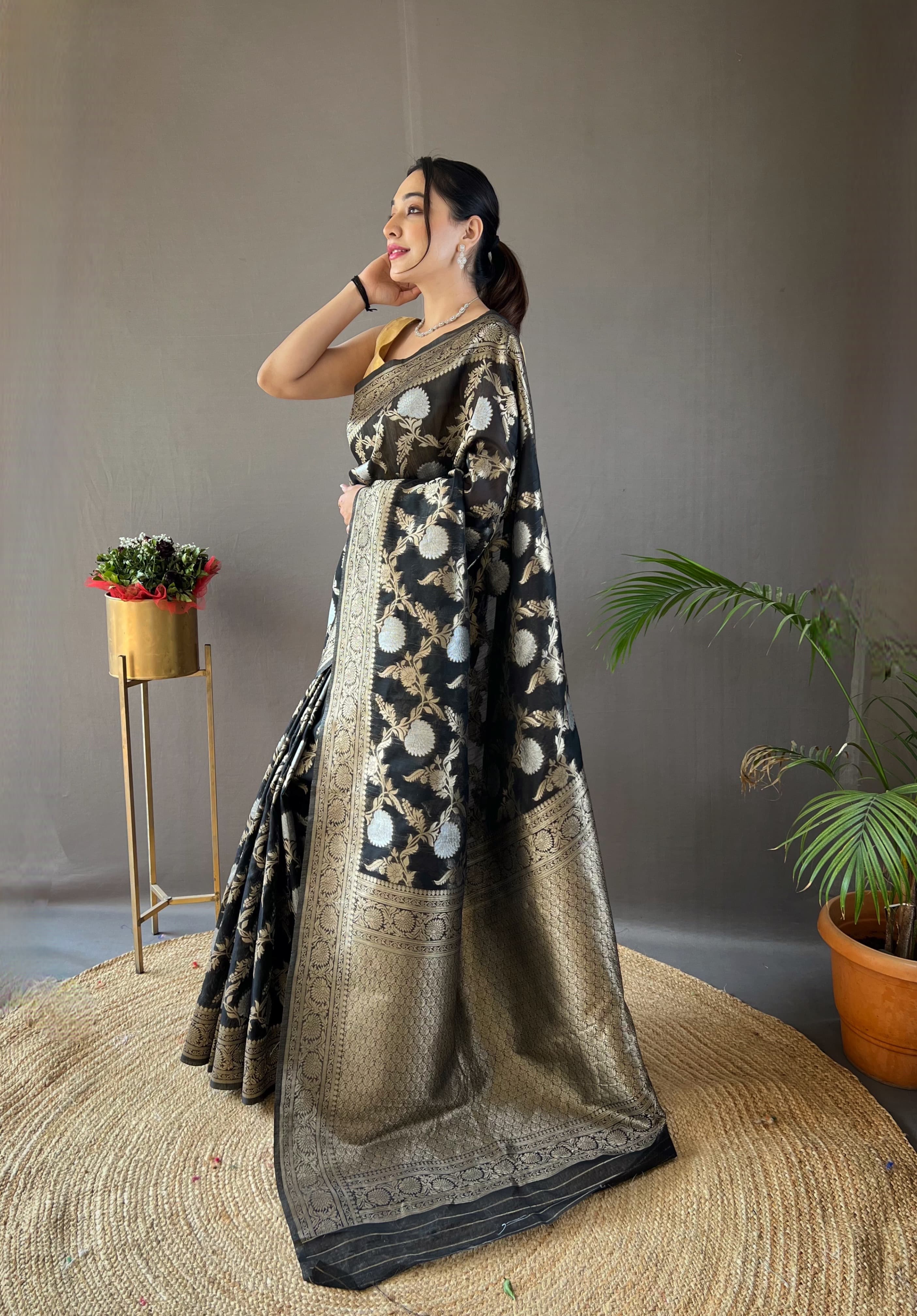 Black Color Copper And Gold Zari Weaving Cotton Saree