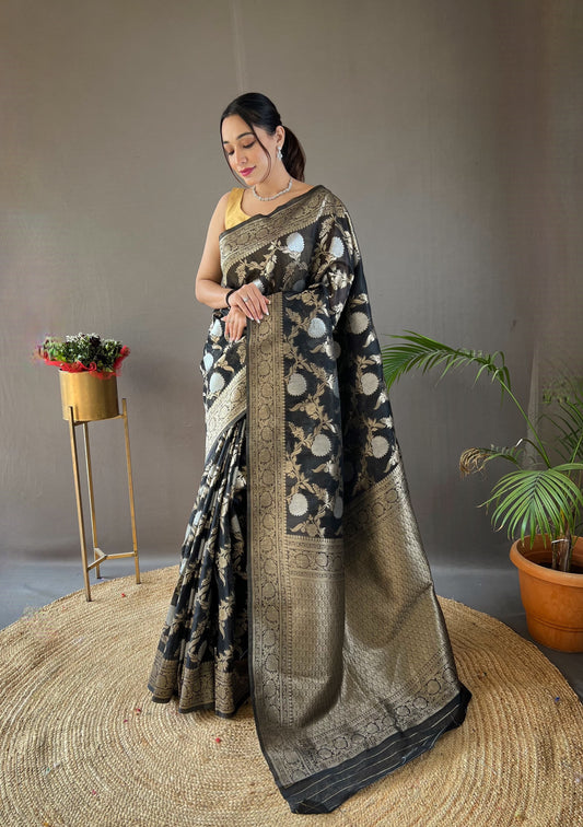 Black Color Copper And Gold Zari Weaving Cotton Saree