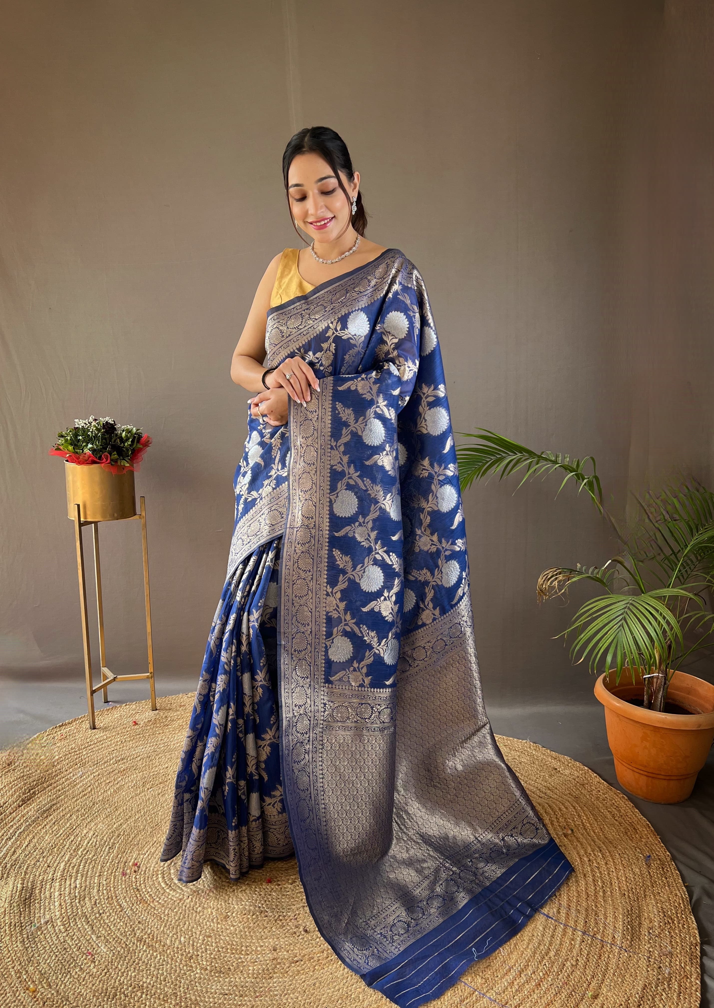 Navy Blue Color Copper And Gold Zari Weaving Cotton Saree