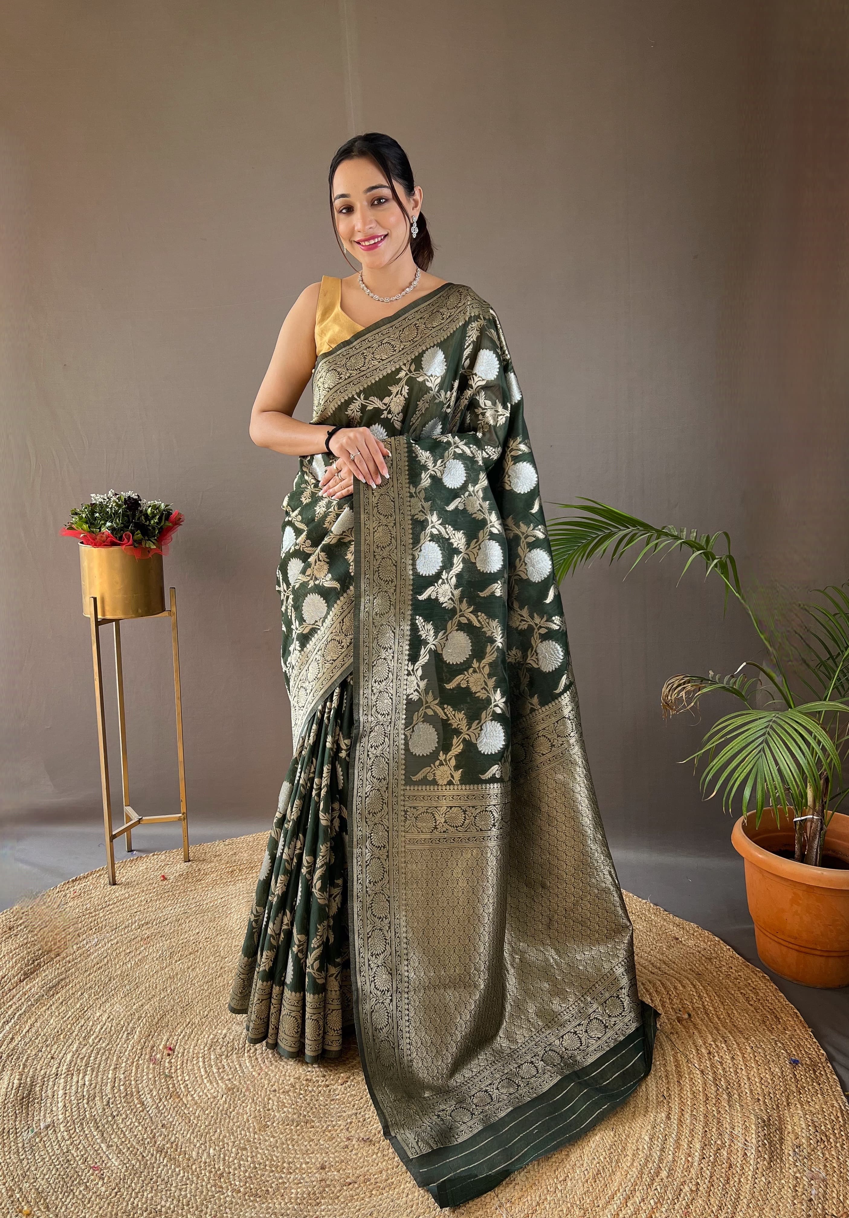 Dark Green Color Copper And Gold Zari Weaving Cotton Saree