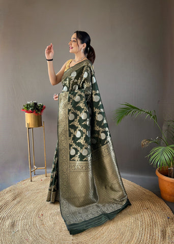 Dark Green Color Copper And Gold Zari Weaving Cotton Saree