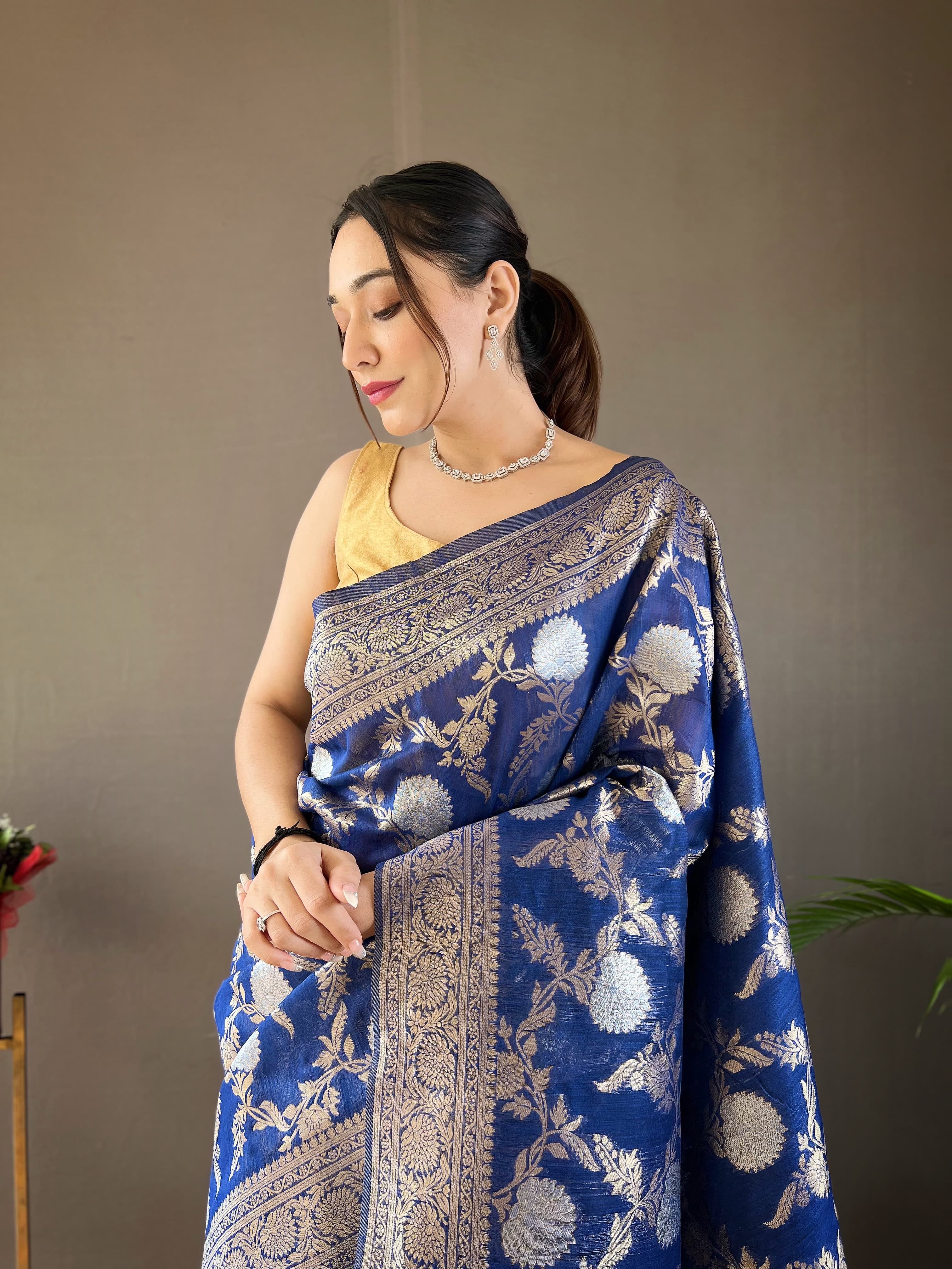 Navy Blue Color Copper And Gold Zari Weaving Cotton Saree