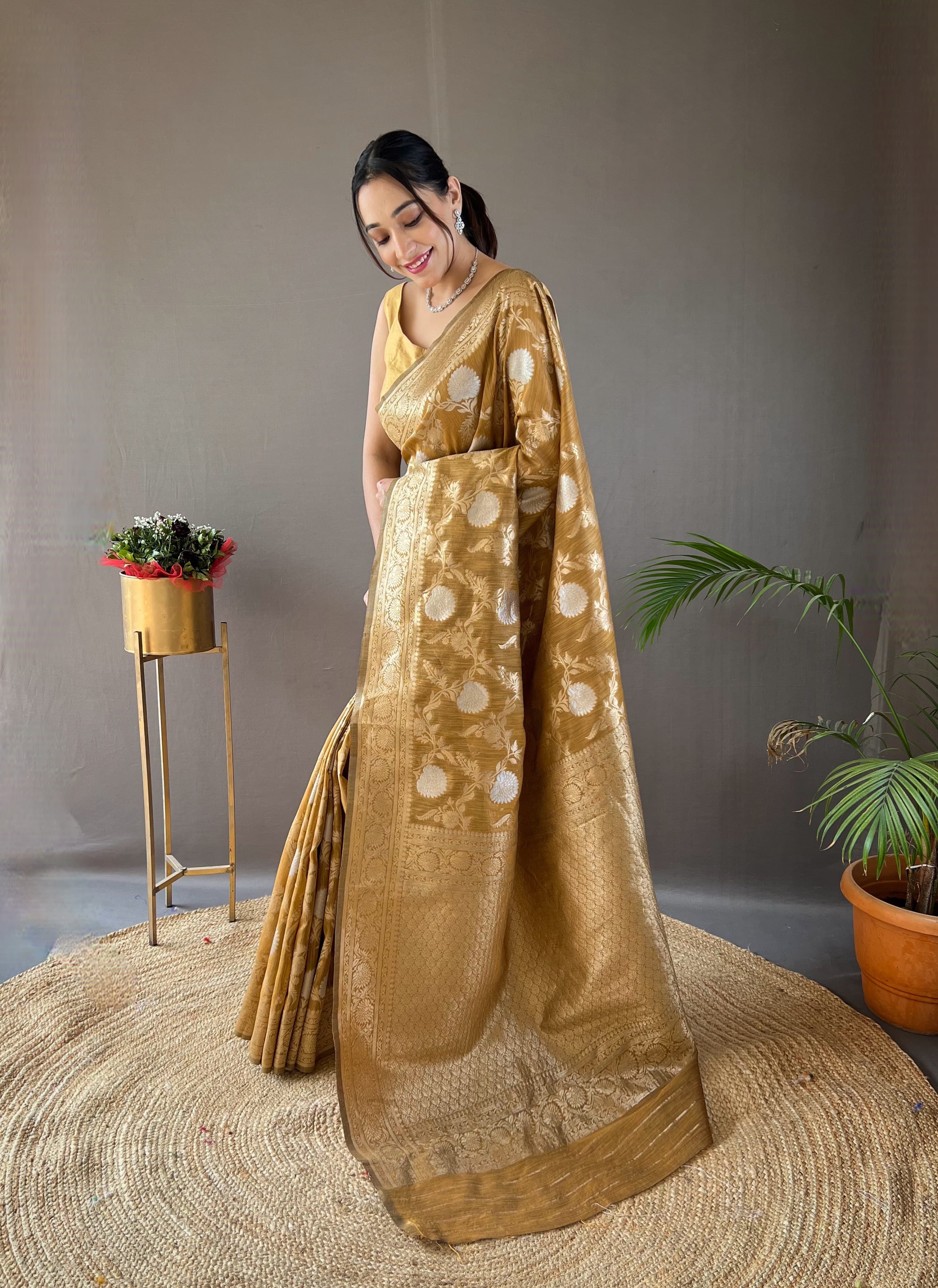 Mustard Color Copper And Gold Zari Weaving Cotton Saree