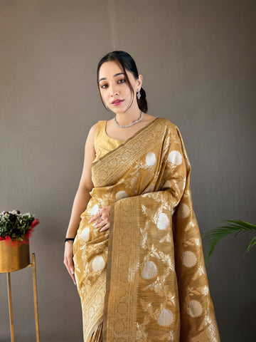 Mustard Color Copper And Gold Zari Weaving Cotton Saree