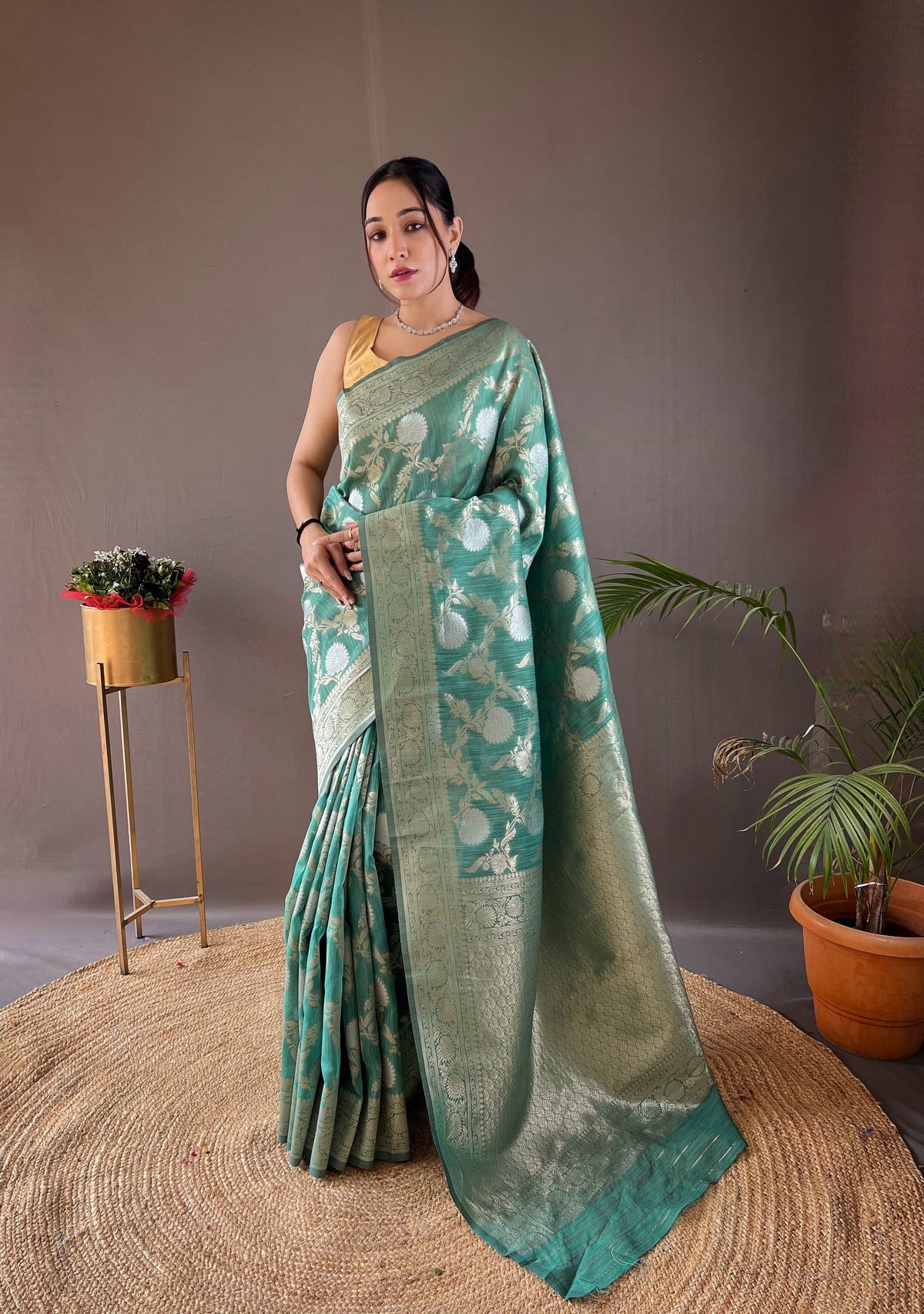 Aqua Blue Color Copper And Gold Zari Weaving Cotton Saree