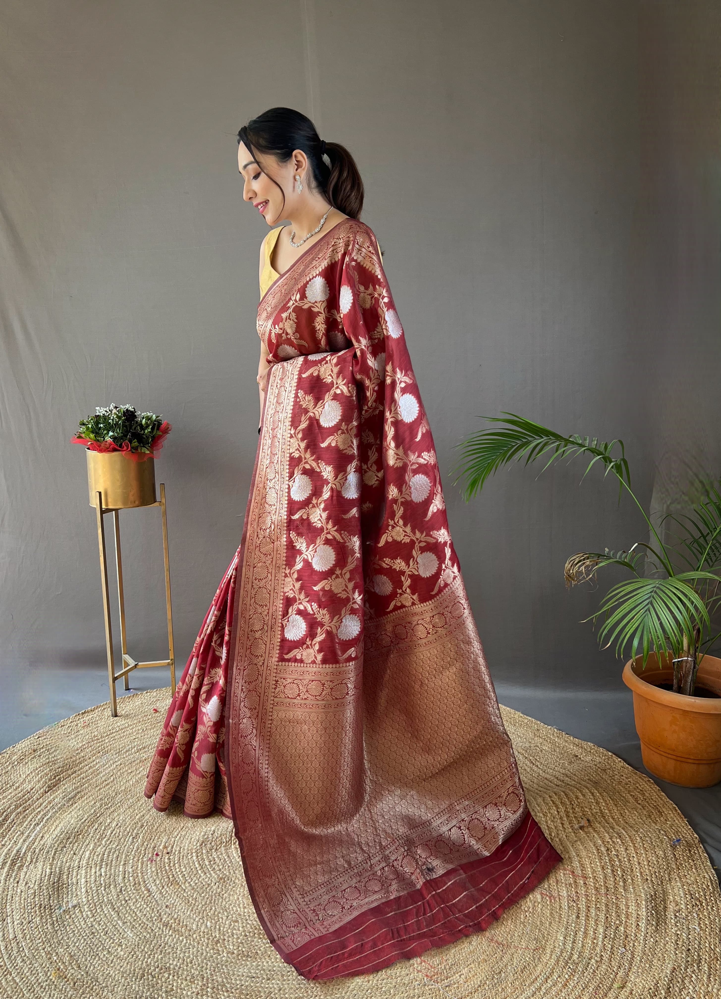 Maroon Color Copper And Gold Zari Weaving Cotton Saree