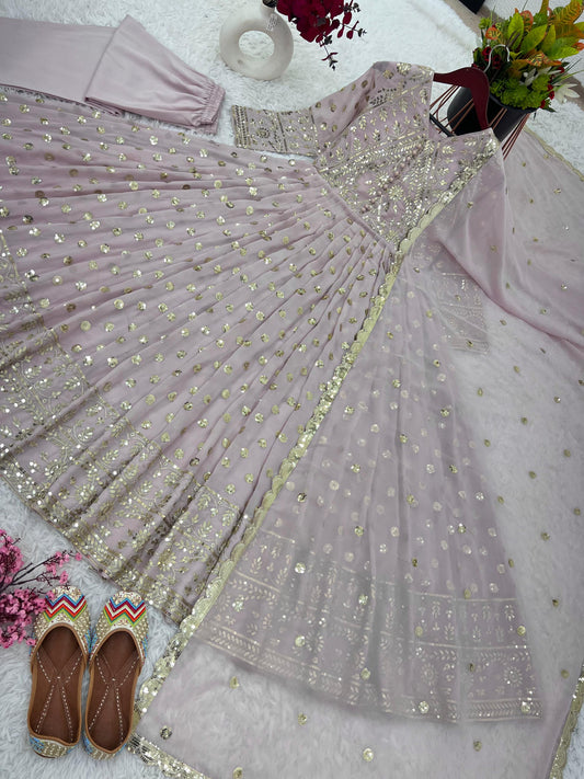 Fantastic Light Pink Sequence Embroidery Work Gown