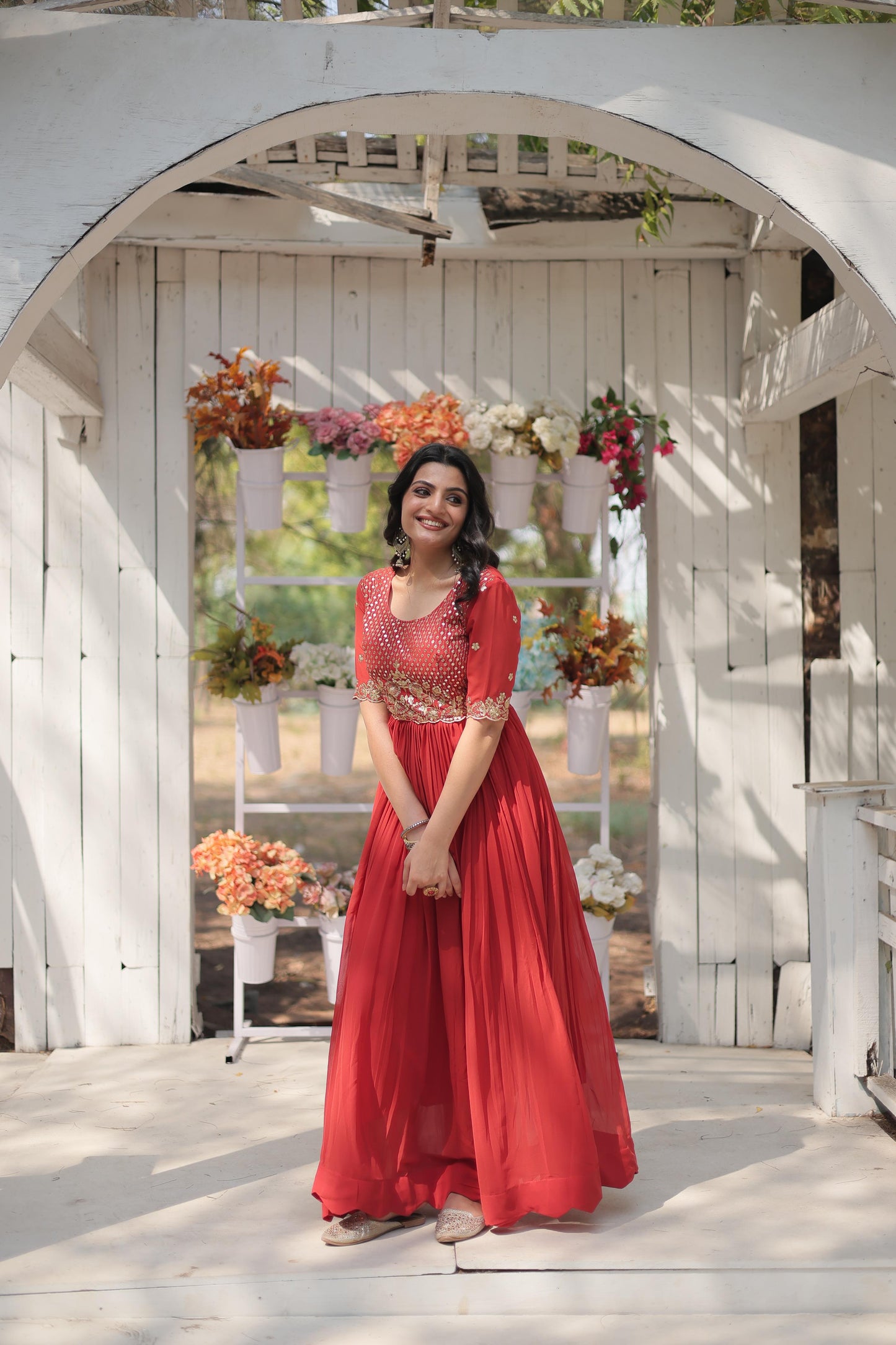 Party Wear Faux Blooming Orange Embroidery Work Readymade Designer Gown