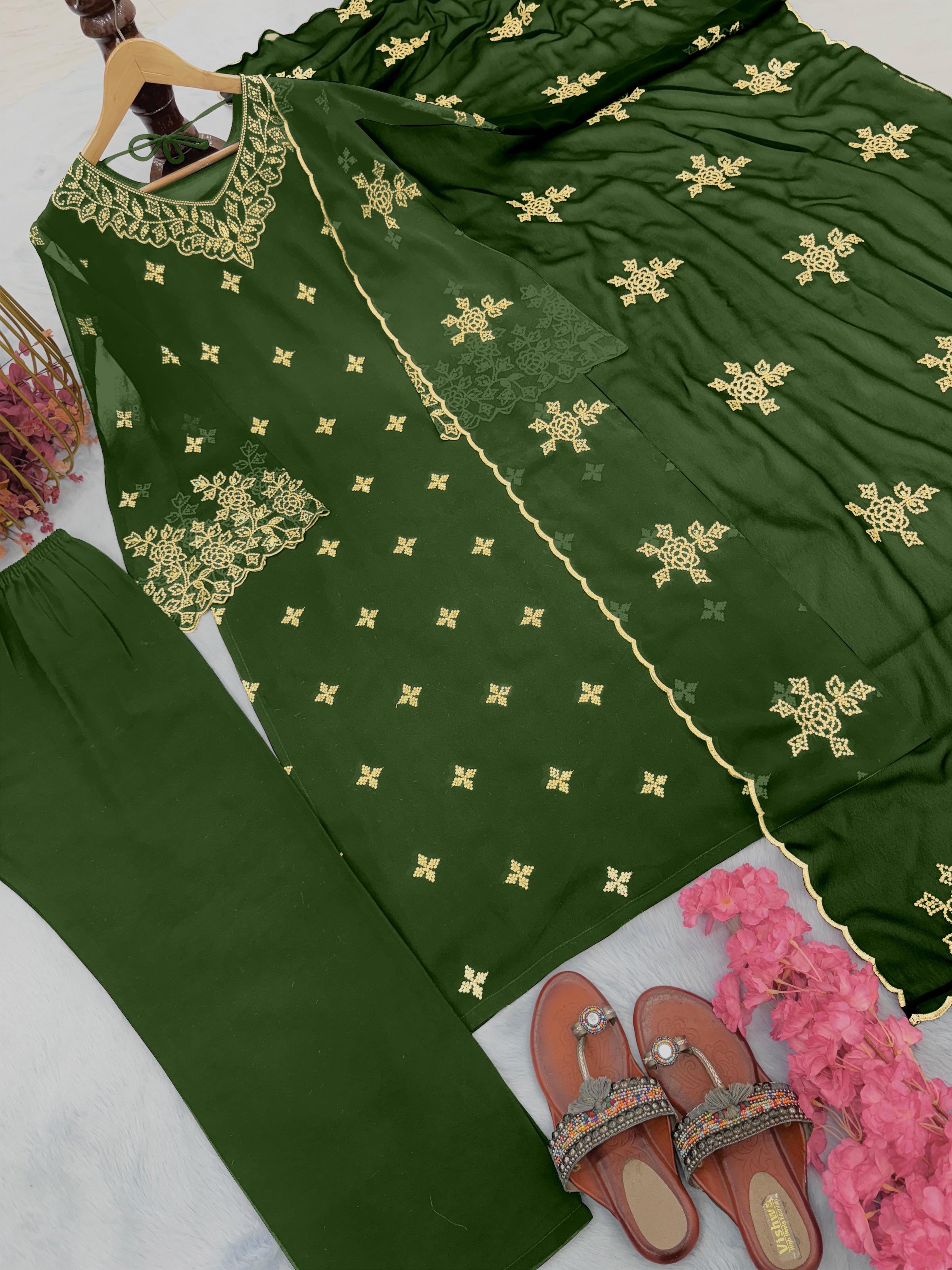 Wedding Wear Green Color Heavy Georgette Embroidery Work Fancy Sleeve Palazzo Suit