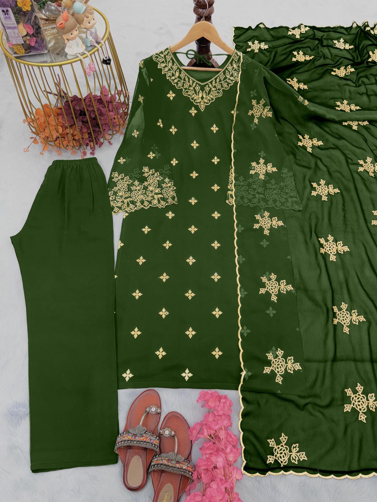 Wedding Wear Green Color Heavy Georgette Embroidery Work Fancy Sleeve Palazzo Suit