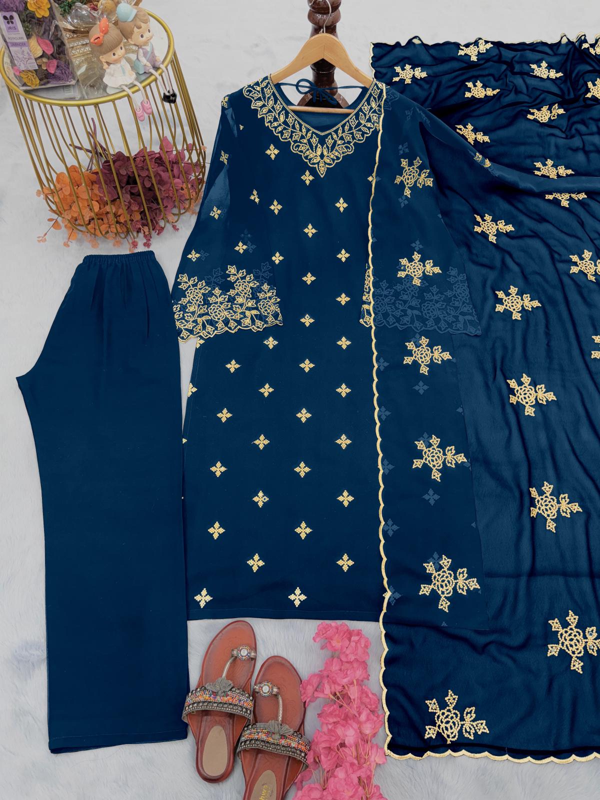 Navy Blue Color Heavy Georgette Embroidery Work Fancy Sleeve Palazzo Suit