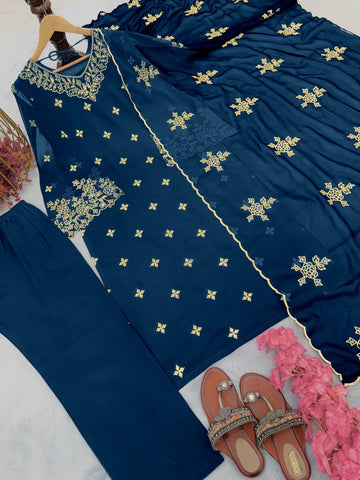 Navy Blue Color Heavy Georgette Embroidery Work Fancy Sleeve Palazzo Suit