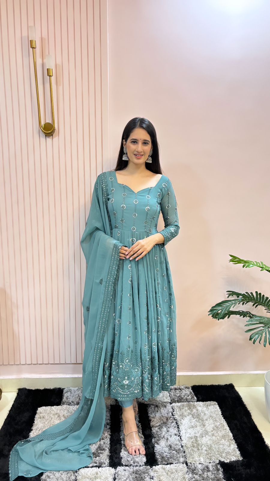 Unique Sequence Work Blue Color Georgette Anarkali Designer Gown