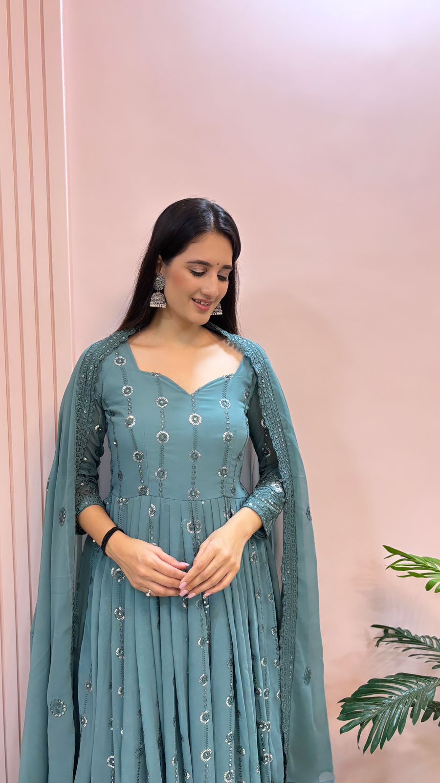 Unique Sequence Work Blue Color Georgette Anarkali Designer Gown
