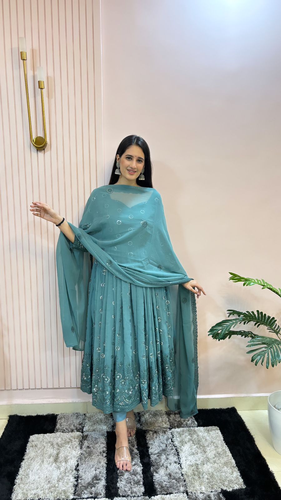Unique Sequence Work Blue Color Georgette Anarkali Designer Gown