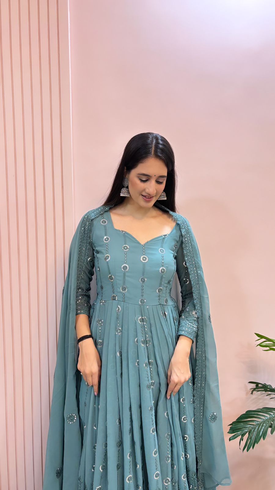 Unique Sequence Work Blue Color Georgette Anarkali Designer Gown