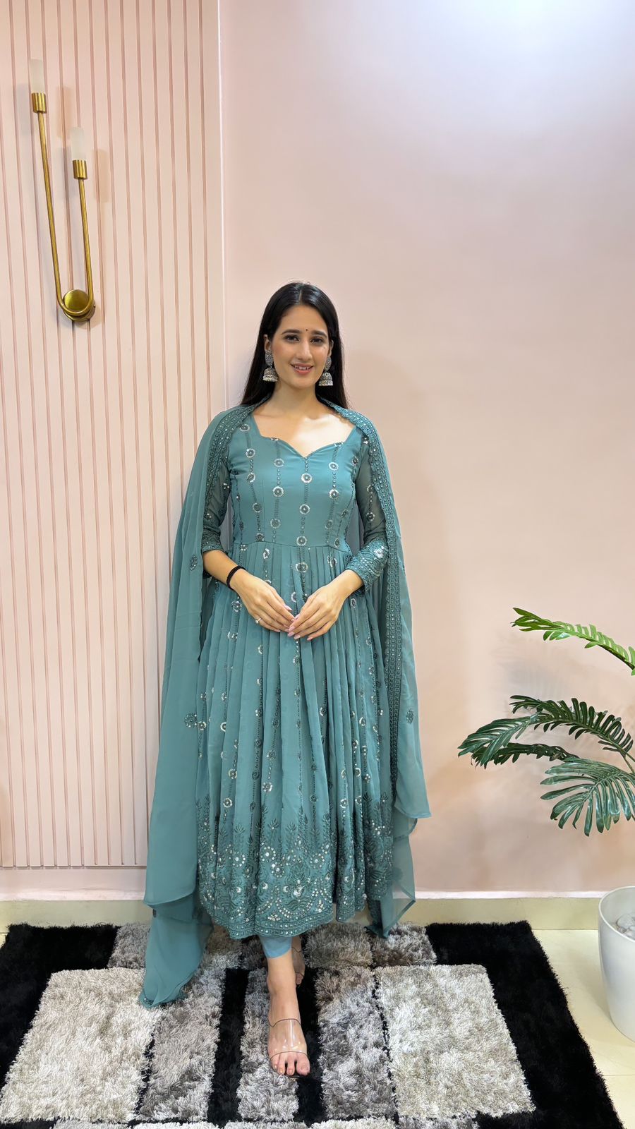Unique Sequence Work Blue Color Georgette Anarkali Designer Gown