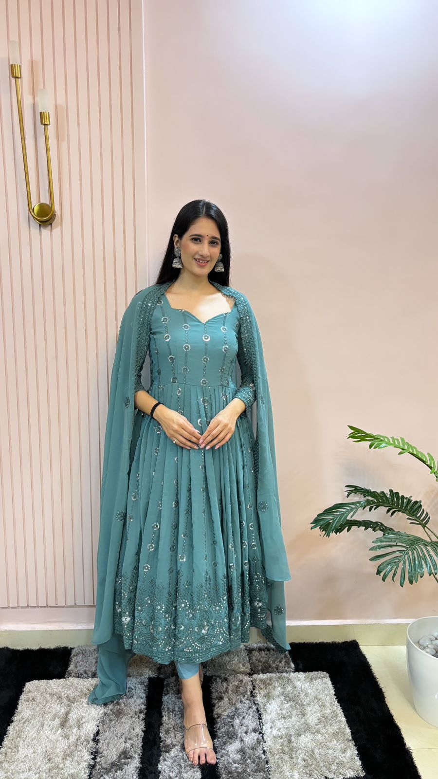 Unique Sequence Work Blue Color Georgette Anarkali Designer Gown