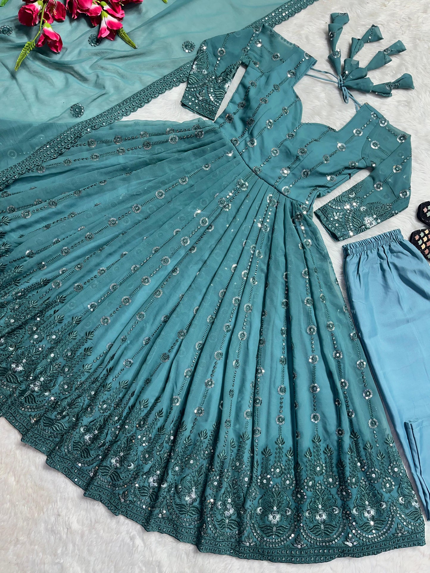 Unique Sequence Work Blue Color Georgette Anarkali Designer Gown