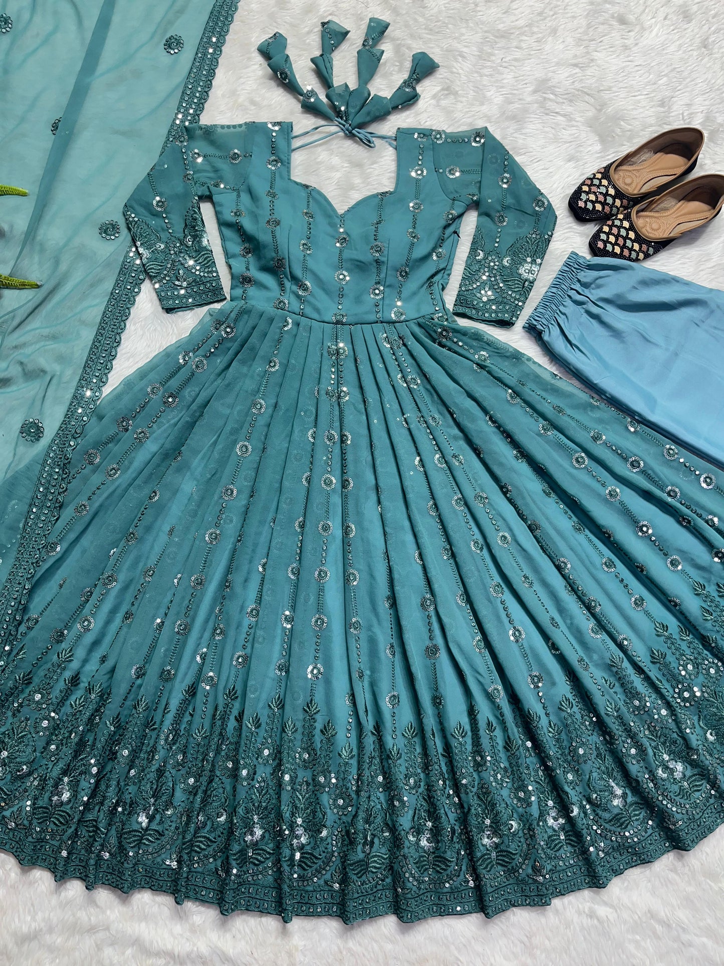 Unique Sequence Work Blue Color Georgette Anarkali Designer Gown