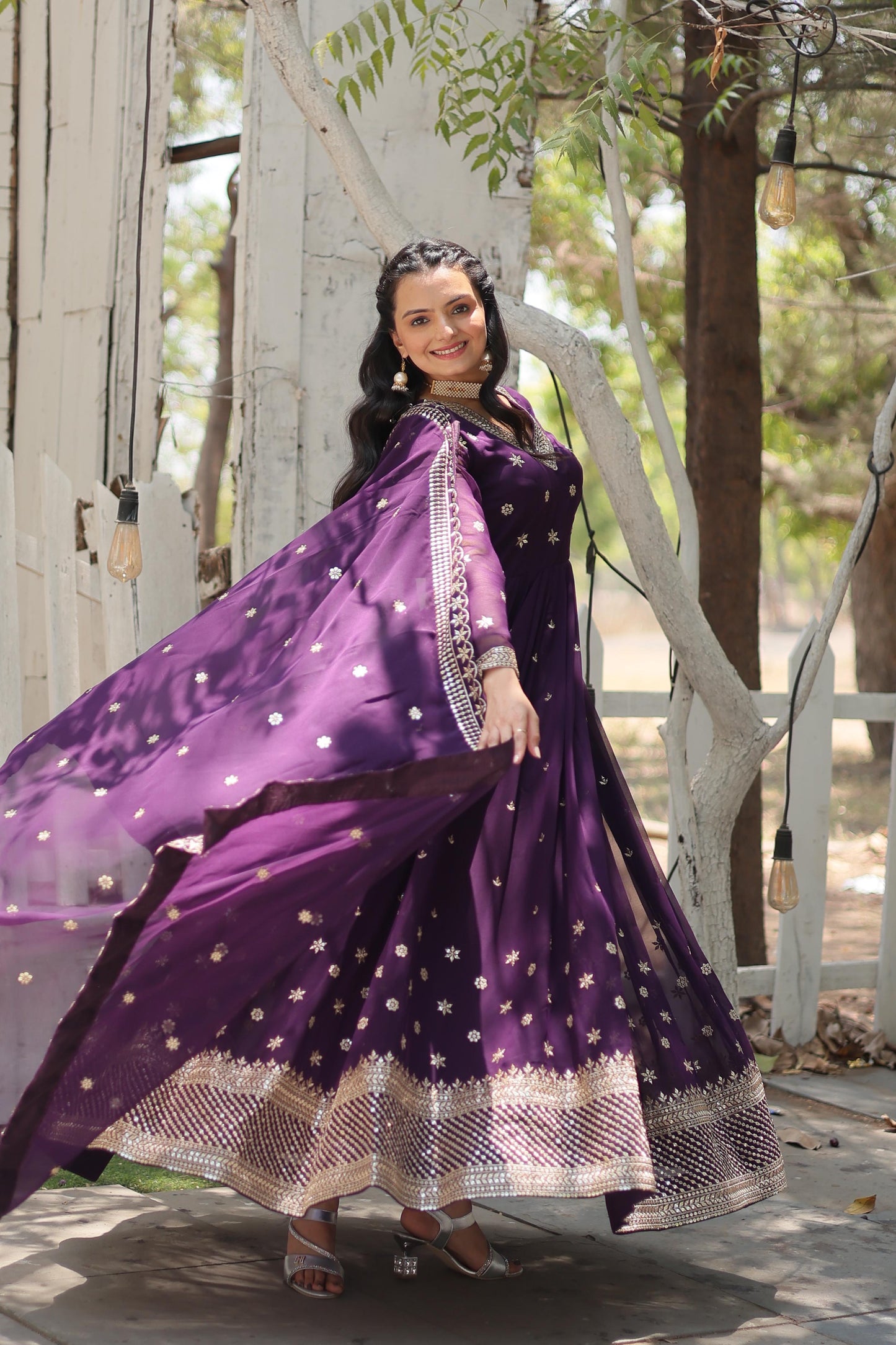 Eyes Catching Wine Color Beautiful Sequins Embroidered Work Gown WIth Dupatta