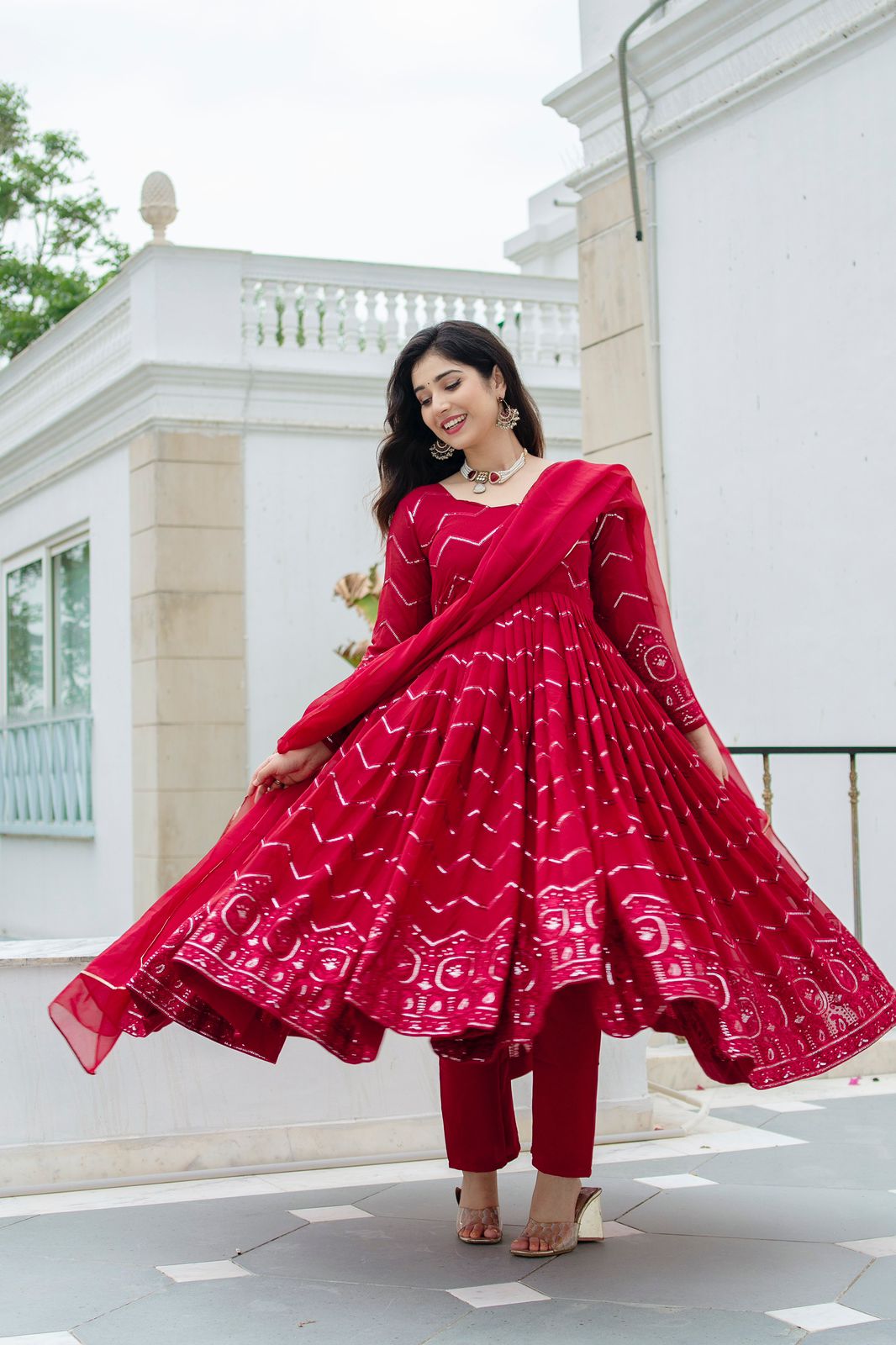 Exclusive Maroon Color Faux Georgette Fabric With Embroidery Work Designer Anarkali Suit