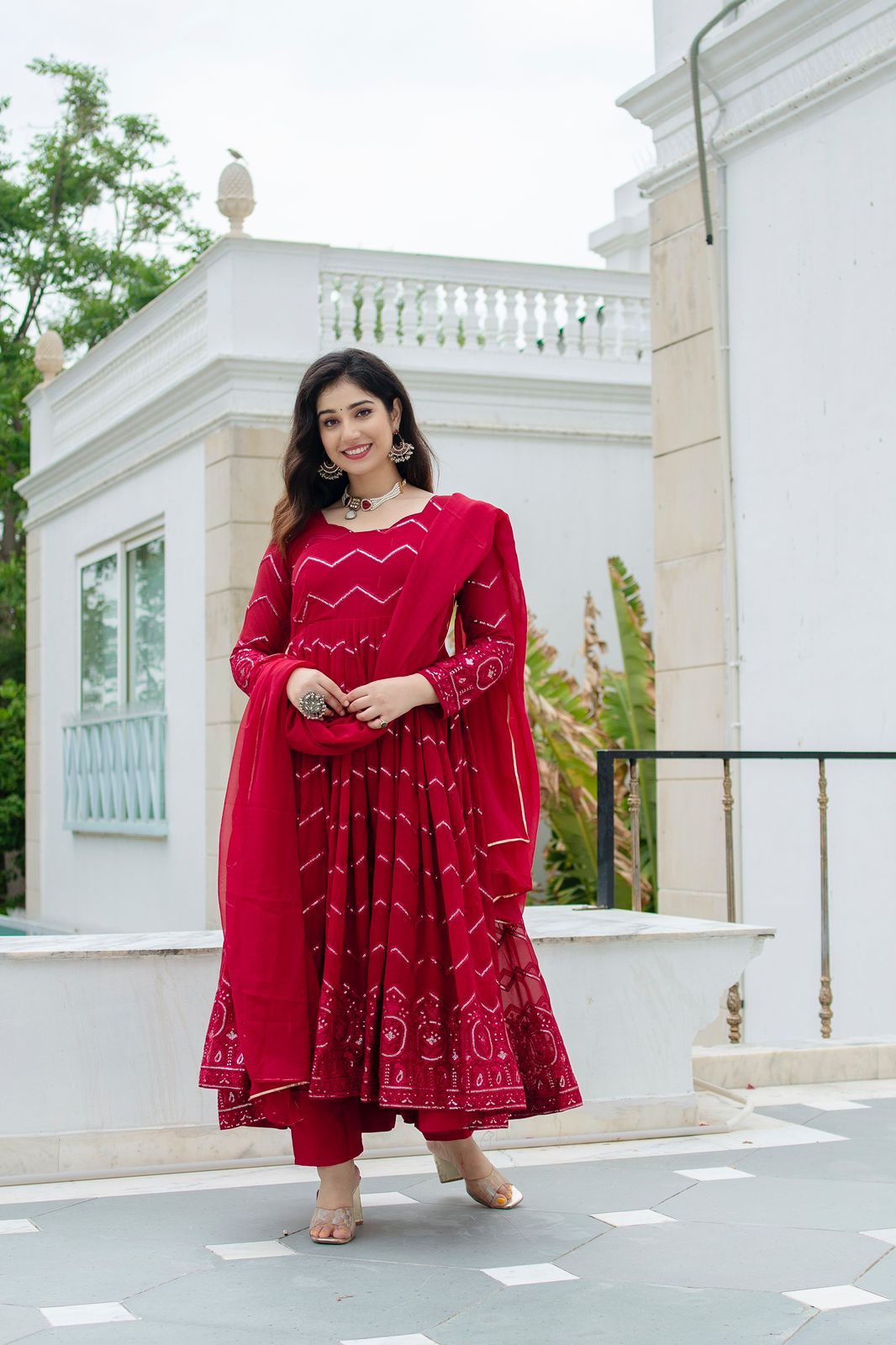 Exclusive Maroon Color Faux Georgette Fabric With Embroidery Work Designer Anarkali Suit