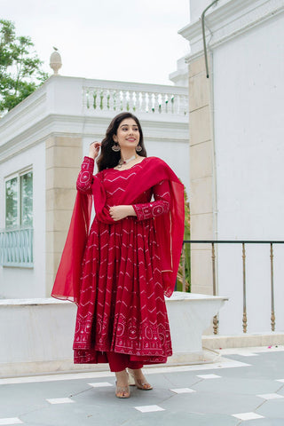 Exclusive Maroon Color Faux Georgette Fabric With Embroidery Work Designer Anarkali Suit