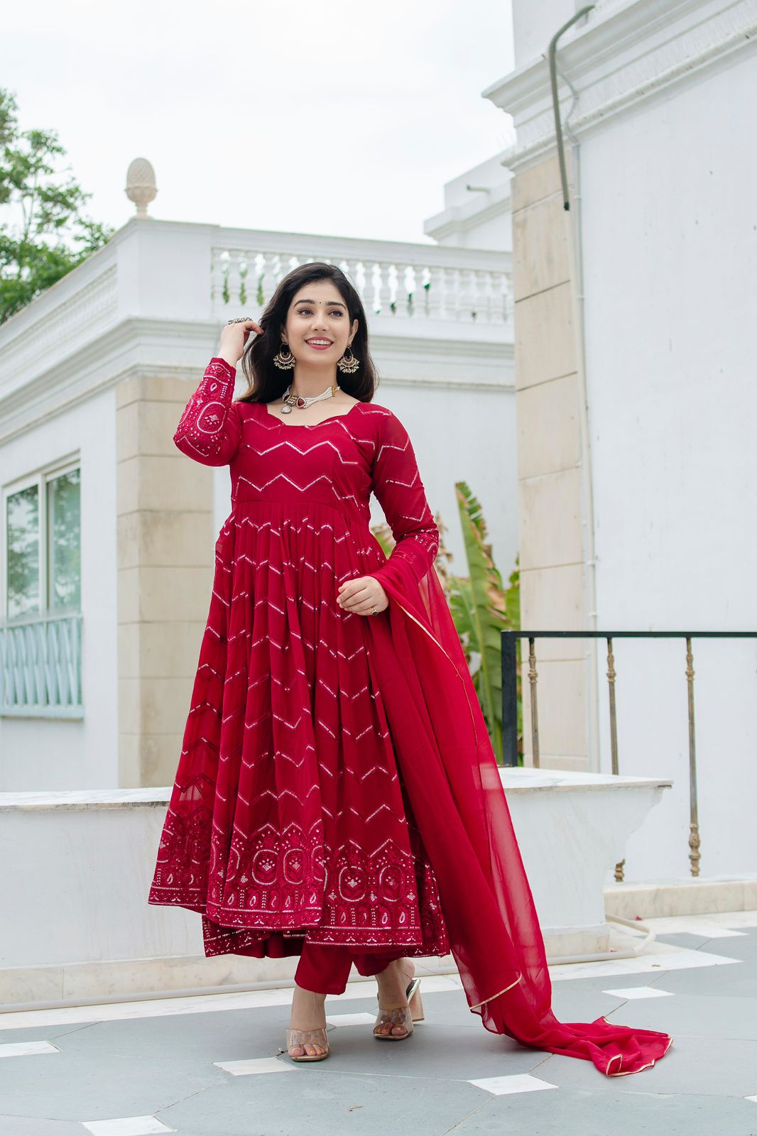 Exclusive Maroon Color Faux Georgette Fabric With Embroidery Work Designer Anarkali Suit