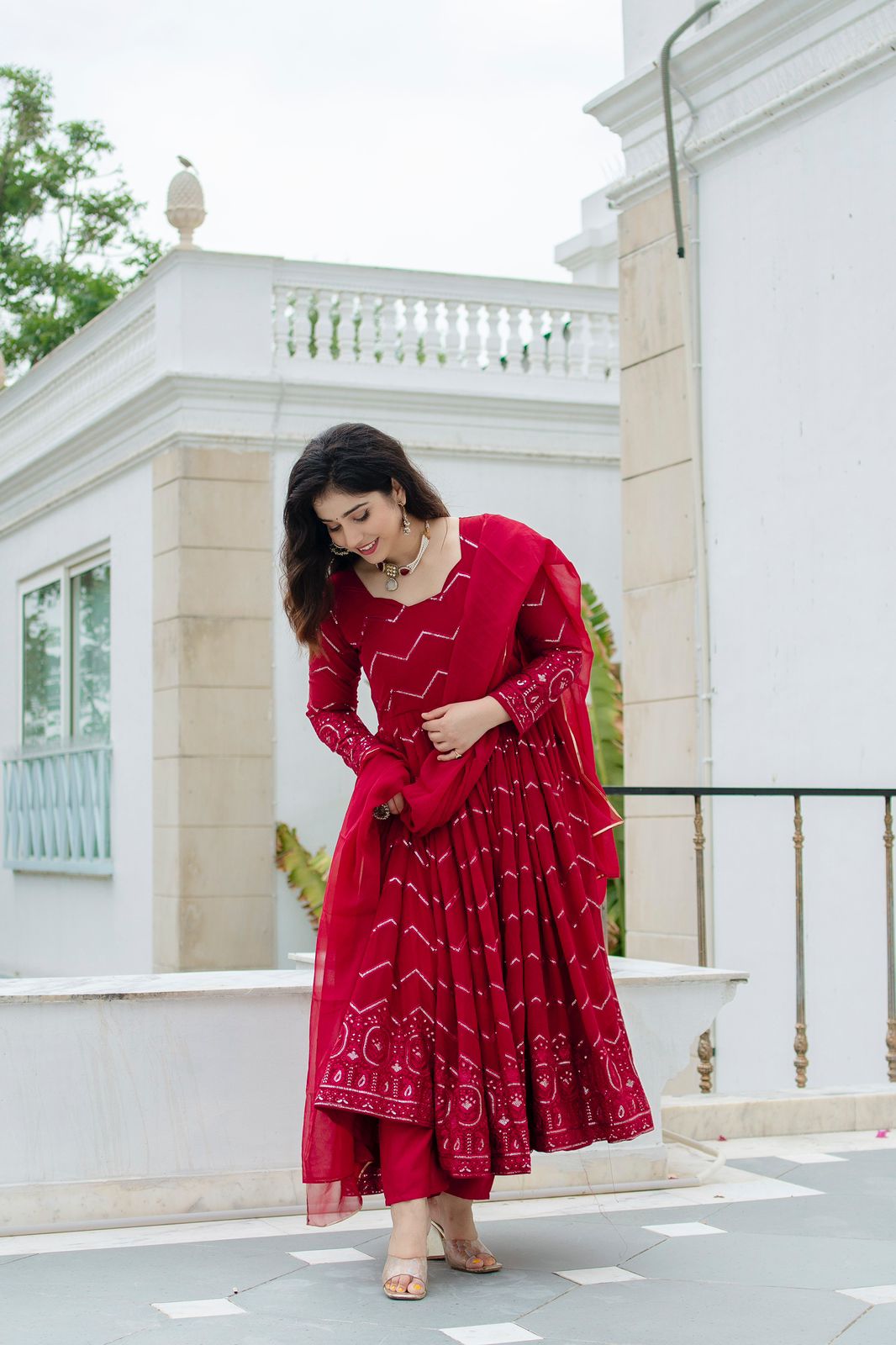 Exclusive Maroon Color Faux Georgette Fabric With Embroidery Work Designer Anarkali Suit