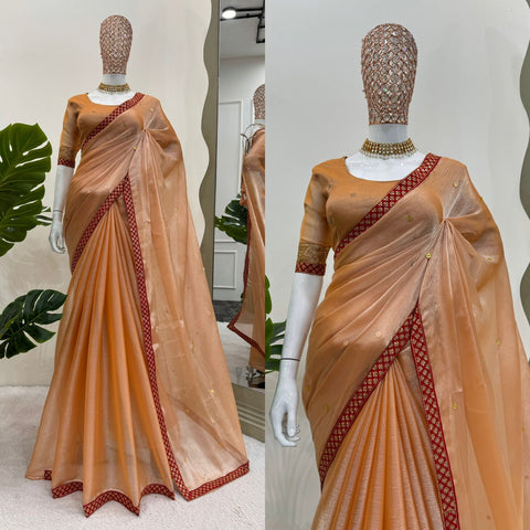 Outstanding Dazzling Coral Color Burberry Silk Thread Sequence Beautiful Designer Saree