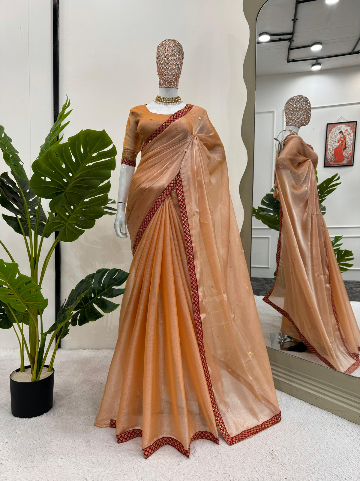 Outstanding Dazzling Coral Color Burberry Silk Thread Sequence Beautiful Designer Saree