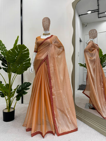 Outstanding Dazzling Coral Color Burberry Silk Thread Sequence Beautiful Designer Saree