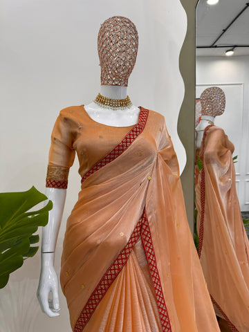 Outstanding Dazzling Coral Color Burberry Silk Thread Sequence Beautiful Designer Saree