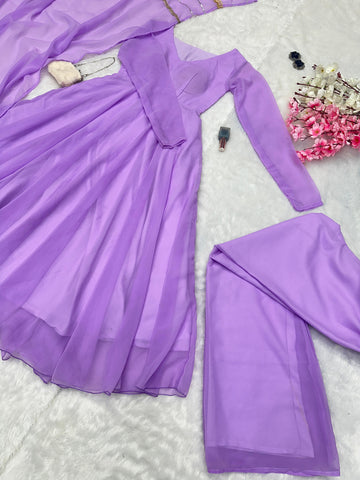 Eyes Catching Lavender Color Georgette With Huge Flair Designer Gown