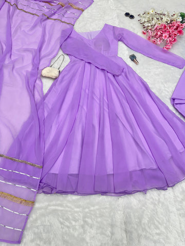 Eyes Catching Lavender Color Georgette With Huge Flair Designer Gown