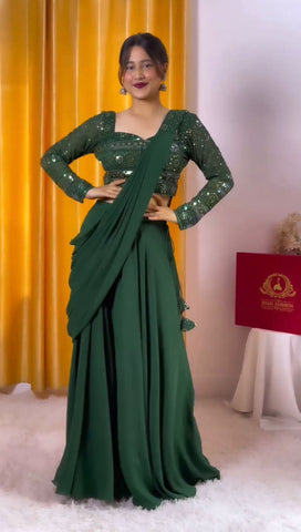 Eyes Catching Green Color Georgette Embroidered Sequins Work Wedding Wear Choli With Sharara