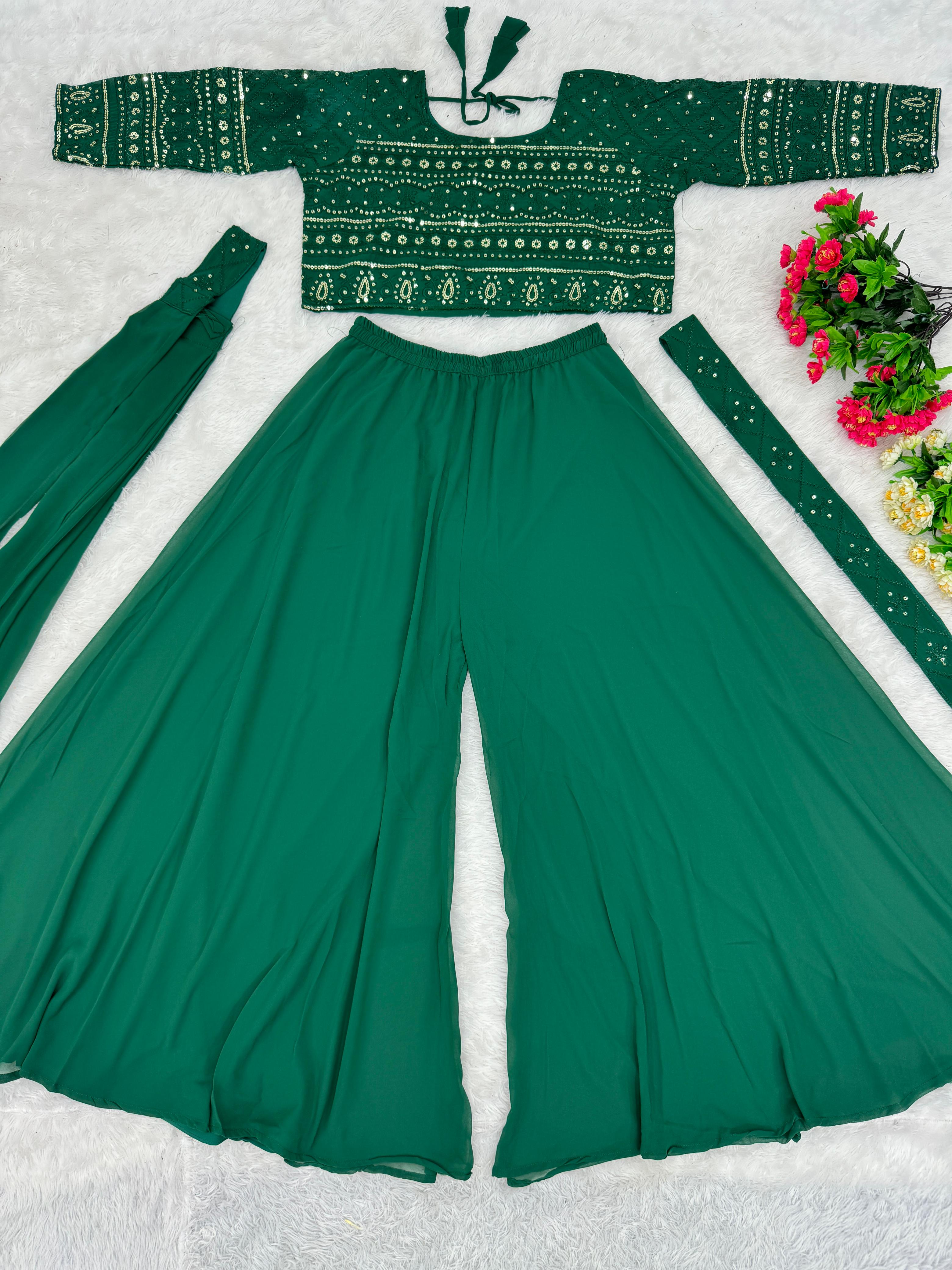 Eyes Catching Green Color Georgette Embroidered Sequins Work Wedding Wear Choli With Sharara