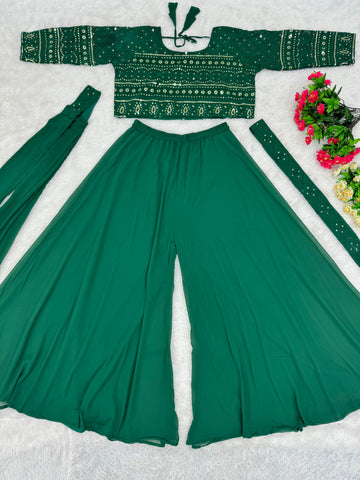 Eyes Catching Green Color Georgette Embroidered Sequins Work Wedding Wear Choli With Sharara